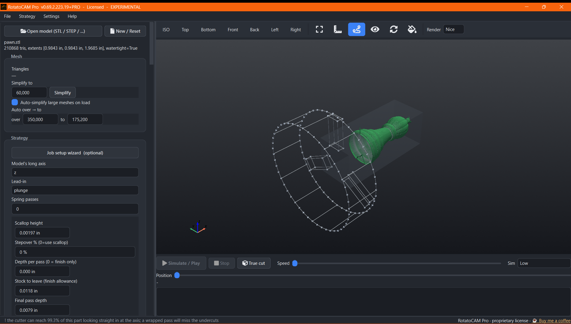Chess pawn with the generated 4-axis finish toolpath drawn over the wireframe stock