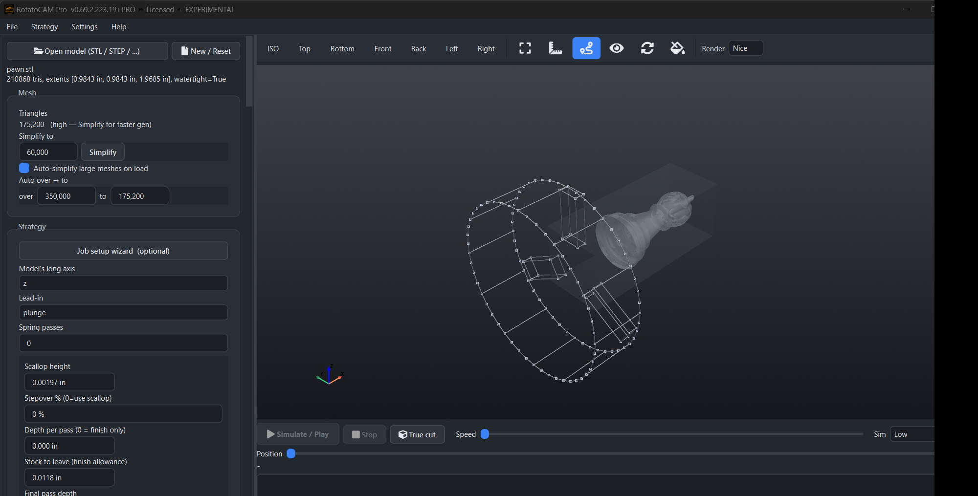 Chess pawn STL loaded in the rotary stock preview, wireframe bar and chuck around it
