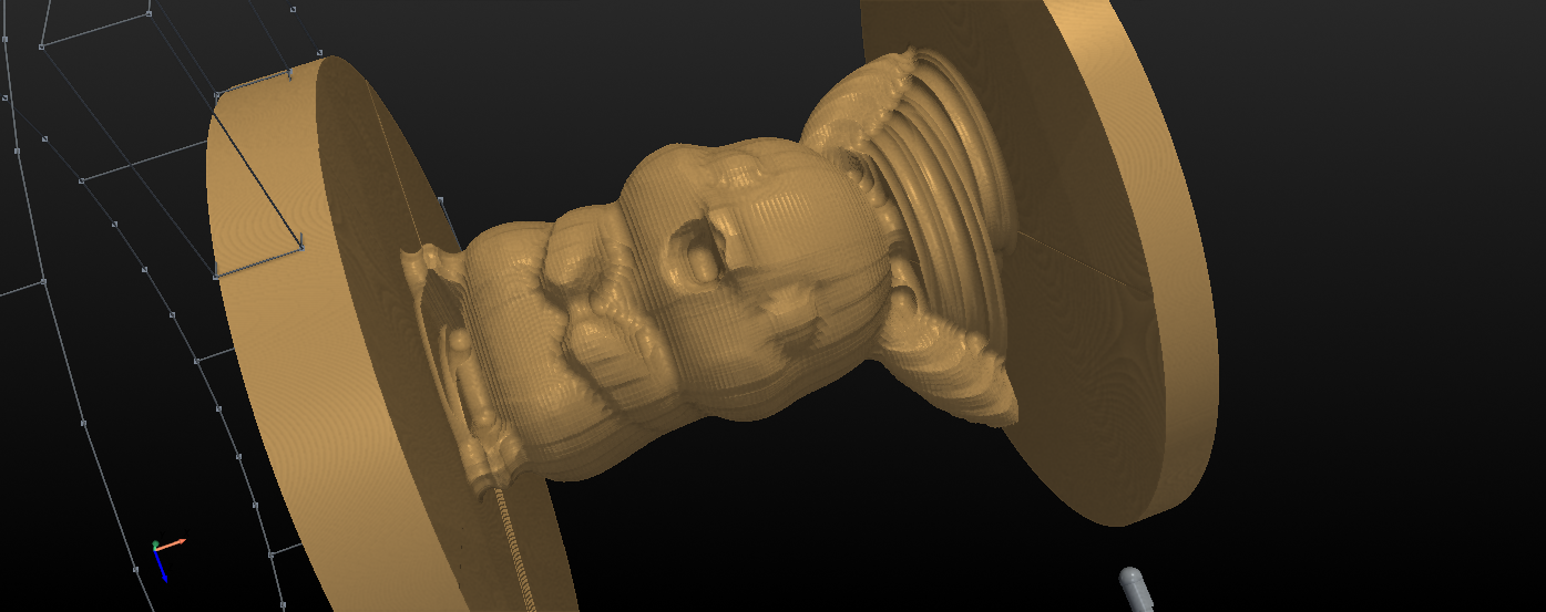 4-axis rotary material-removal simulation mid-cut: a Pikachu figure emerging from round stock