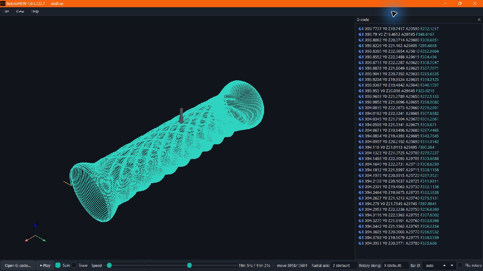 RotatoVIEW's wrapped column backplot and G-code playback pane