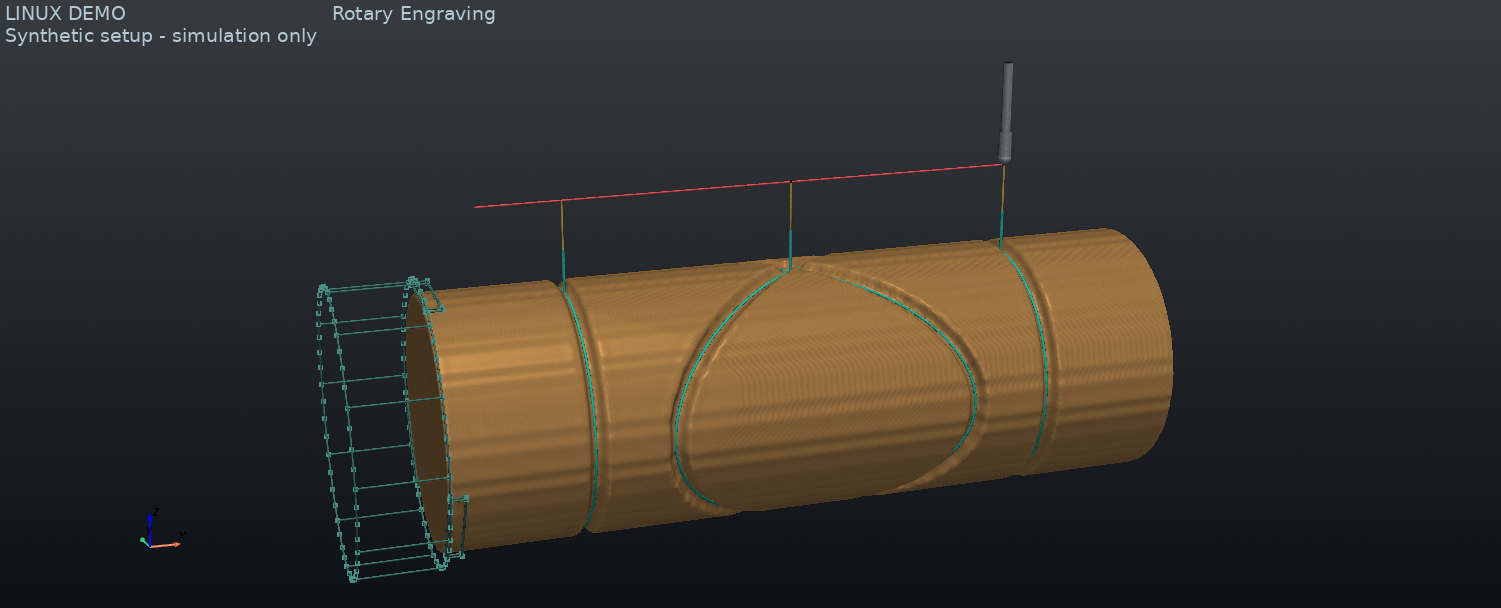 Linux demo: rotary engraving in the RotatoCAM stock simulation