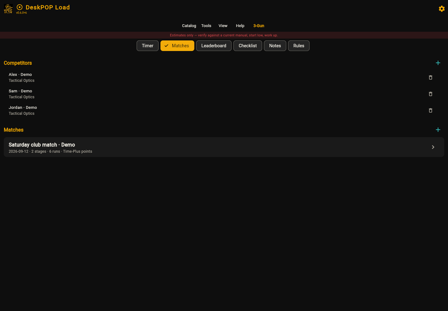 DeskPOP 3-Gun match list with labeled demo stages and runs