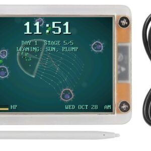 Cell Pet running on a 2.8 inch CYD in an acrylic case, with stylus and USB cable