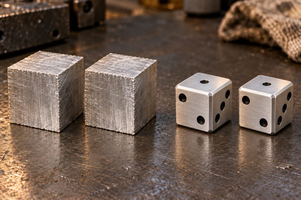AI-generated concept showing two rough aluminum cube blanks beside two matching finished dice with one, two and three pips on their visible faces.