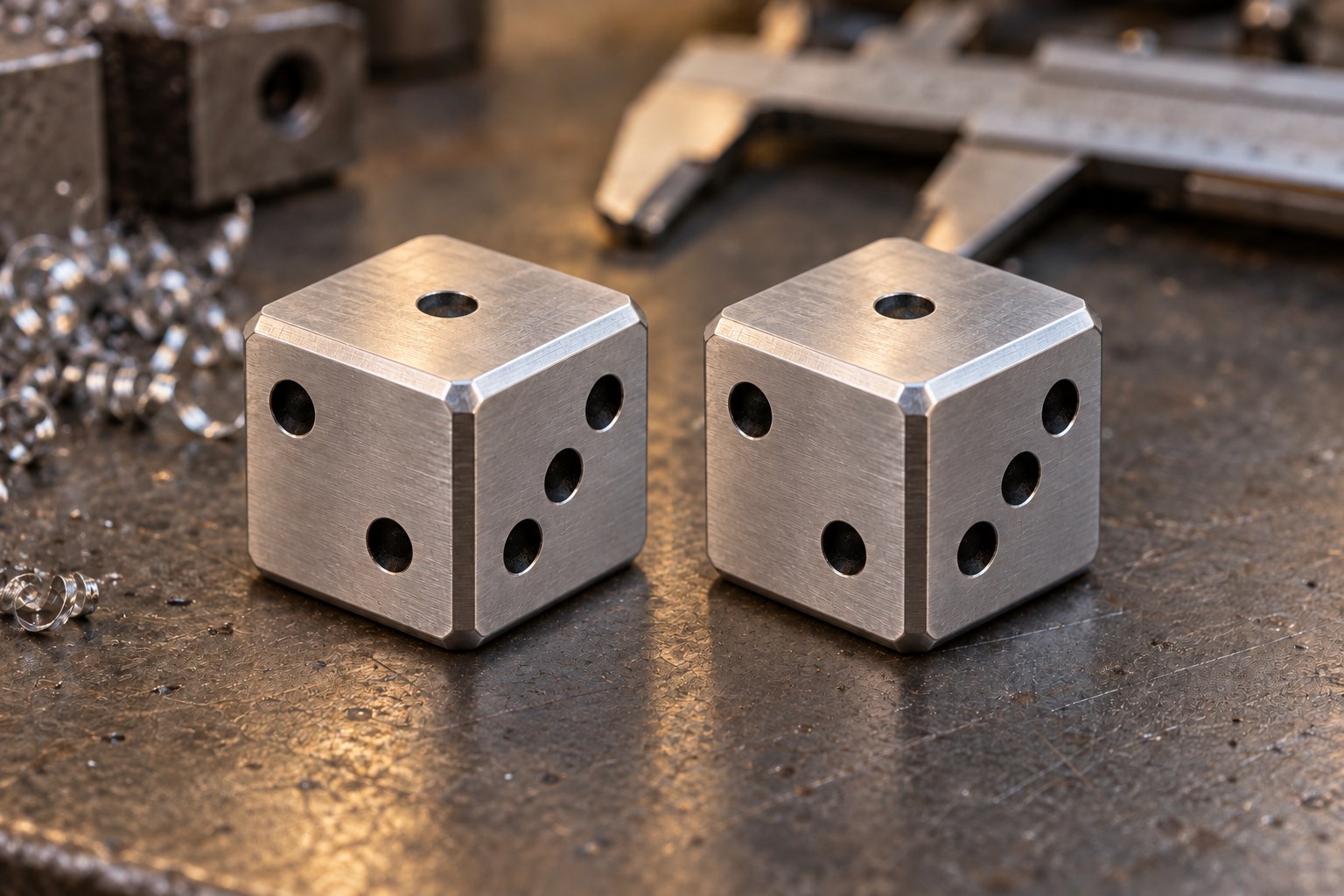 AI-generated matching aluminum dice, each with one pip on top, two on the left face and three on the right.