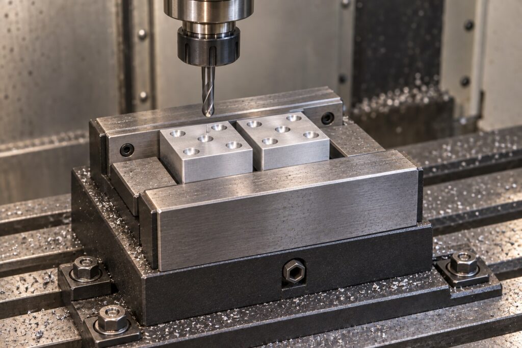 AI-generated concept of two matching aluminum cubes between front and rear vise jaws, each with five top-face pips and a cutter paused above the left cube.