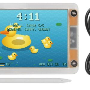 Duck Pet running on a 2.8 inch CYD in an acrylic case, with stylus and USB cable
