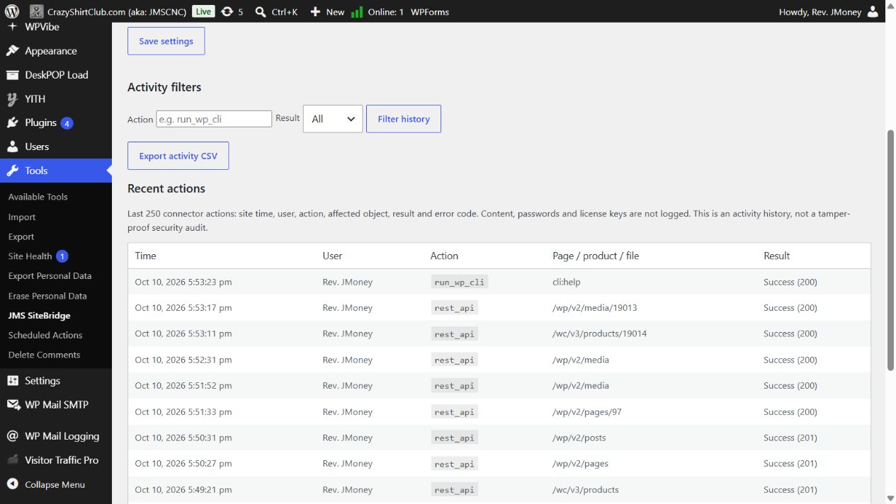 JMS SiteBridge activity log showing successful page, post and product creation