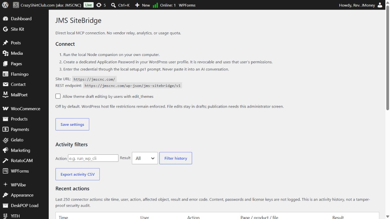 JMS SiteBridge connection settings inside WordPress